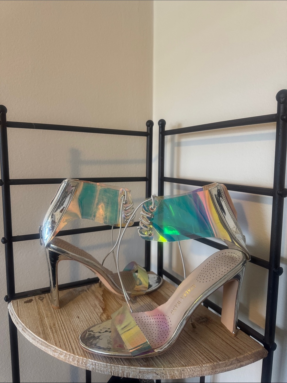 Iridescent Lace-Up High Heel Sandals in Holographic Silver